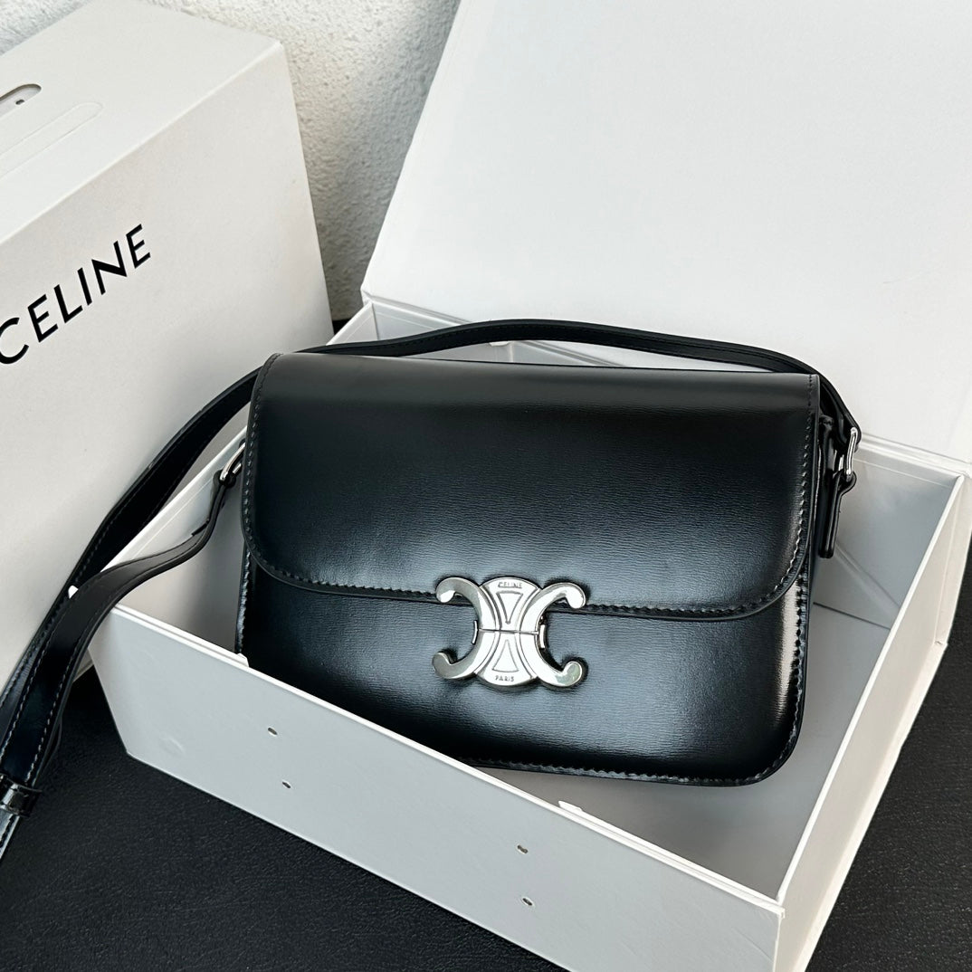 Celine Triomphe CLASSIQUE TRIOMPHE BAG Calf Skin Crossbody Mid Grade - black