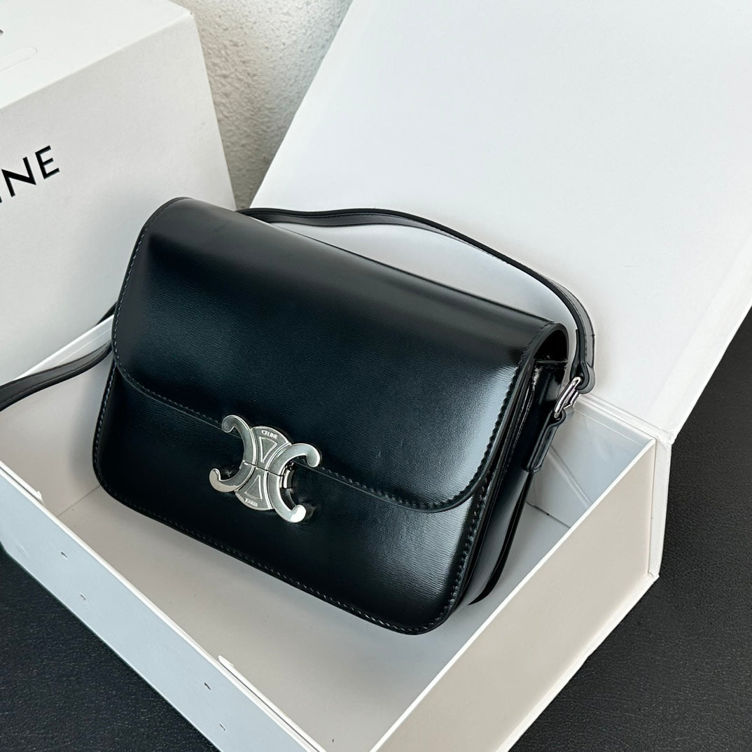 Celine Triomphe CLASSIQUE TRIOMPHE BAG Calf Skin Crossbody Mid Grade - black