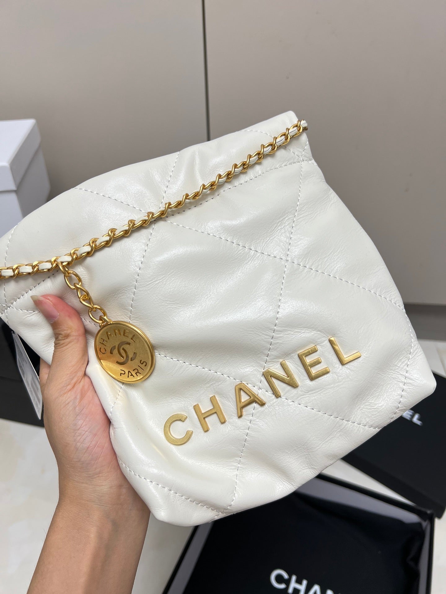 Chanel 22 Mini Bag Cow Skin White Grade 1