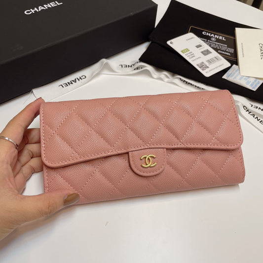 Chanel Pink Long Wallet Grained Calf Skin High Grade