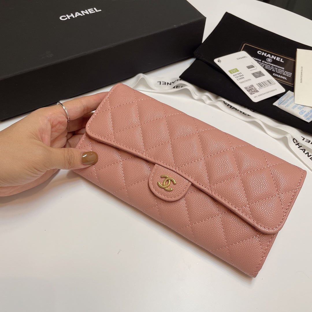 Chanel Pink Long Wallet Grained Calf Skin High Grade