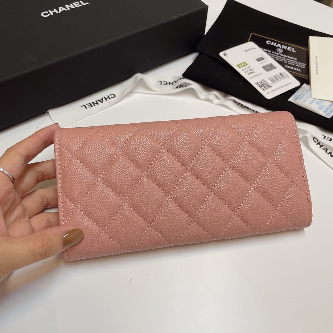 Chanel Pink Long Wallet Grained Calf Skin High Grade