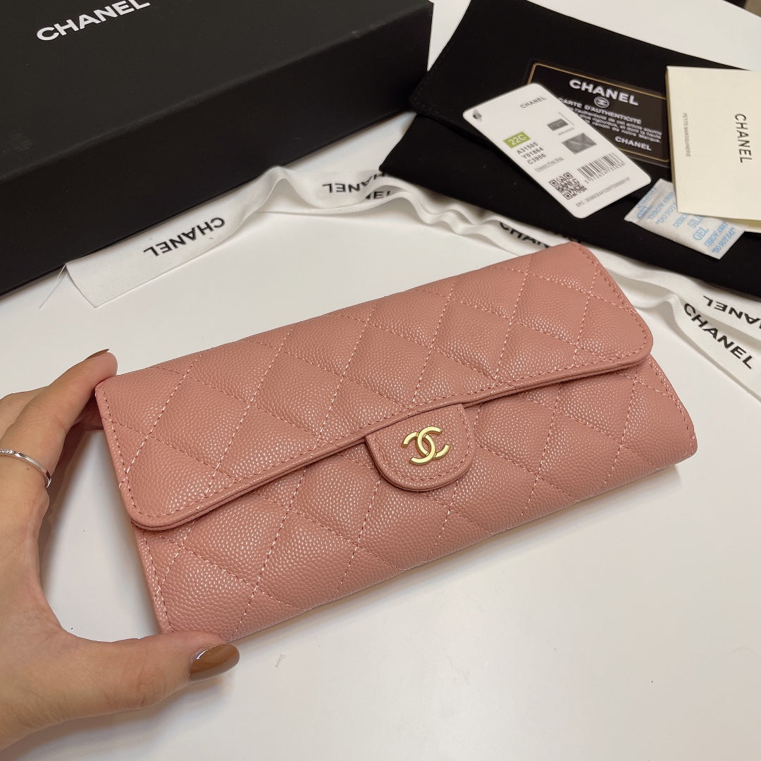 Chanel Pink Long Wallet Grained Calf Skin High Grade