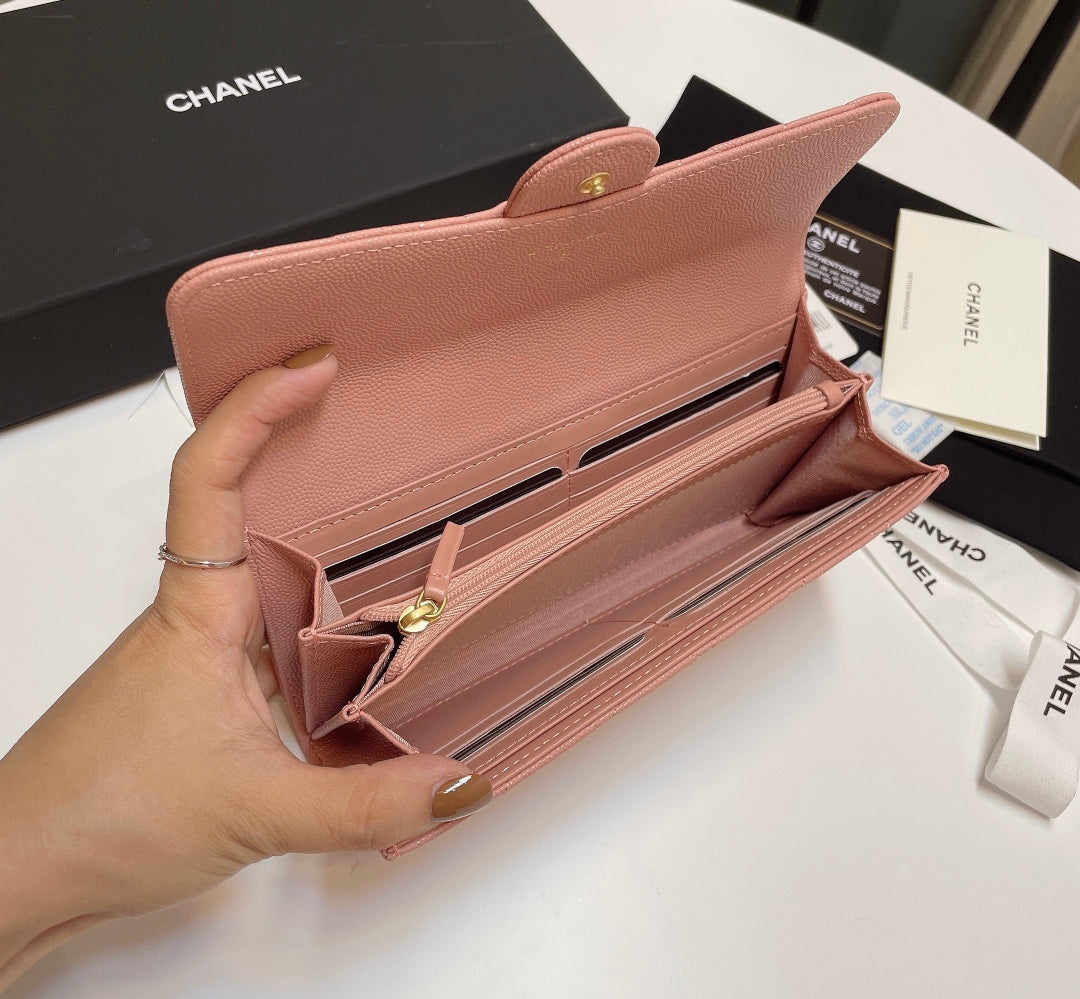 Chanel Pink Long Wallet Grained Calf Skin High Grade