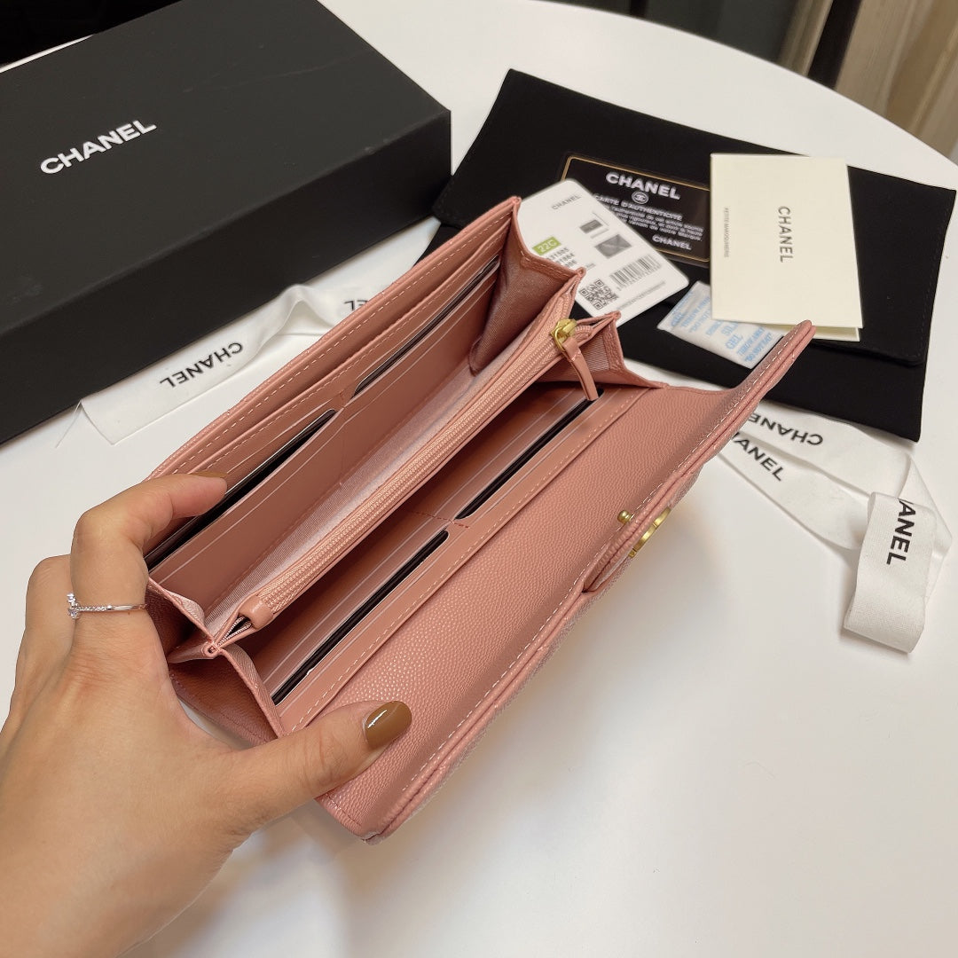 Chanel Pink Long Wallet Grained Calf Skin High Grade