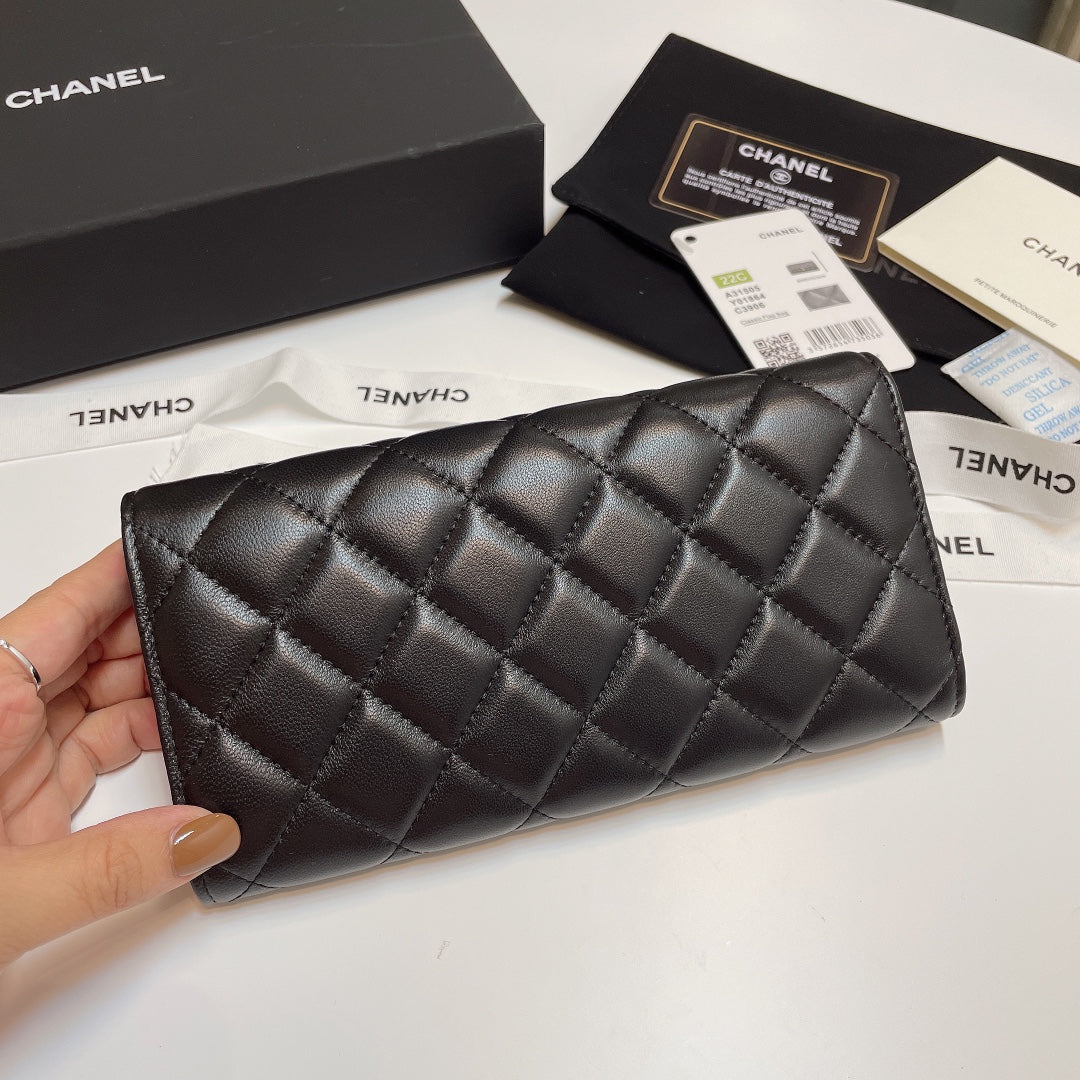 Chanel Bi-Fold Black Wallet Lamb Skin High Grade