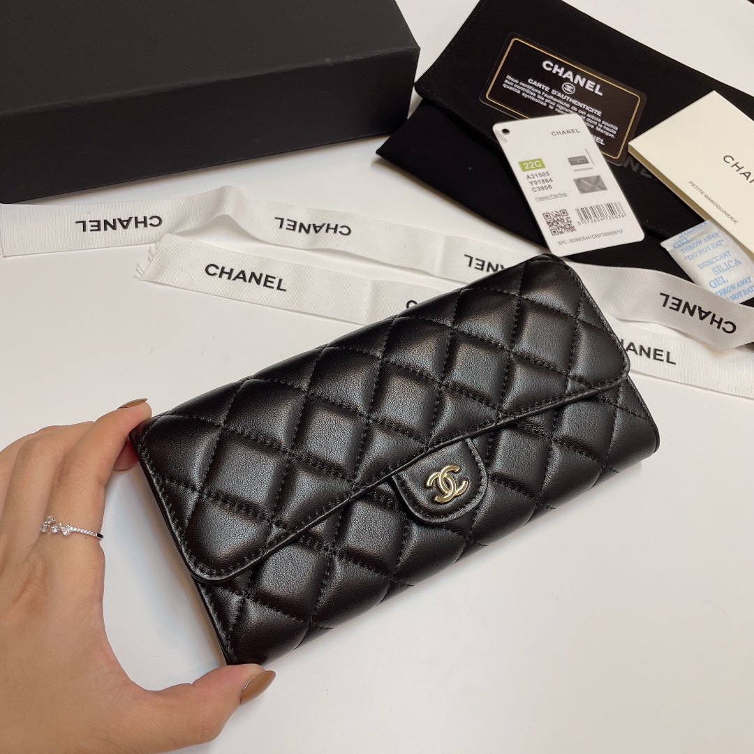 Chanel Bi-Fold Black Wallet Lamb Skin High Grade