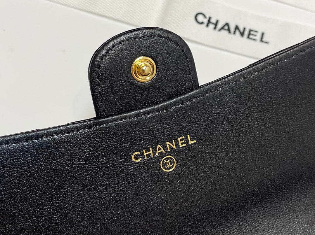 Chanel Bi-Fold Black Wallet Lamb Skin High Grade