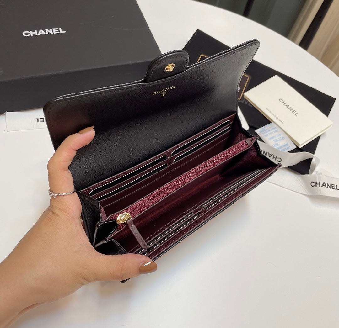 Chanel Bi-Fold Black Wallet Lamb Skin High Grade