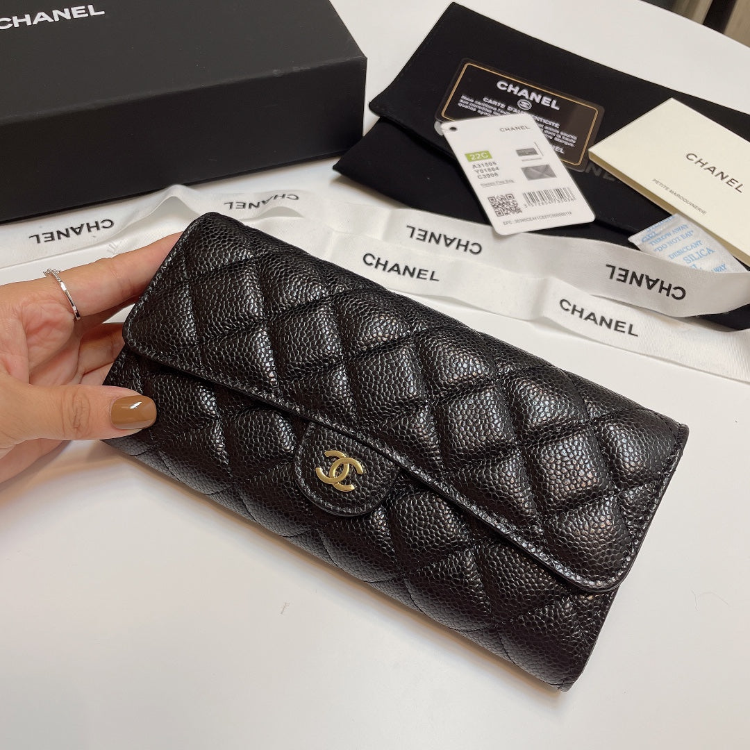 Chanel Bi-Fold Black Wallet Calf Skin High Grade