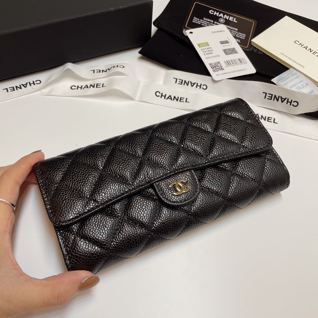 Chanel Bi-Fold Black Wallet Calf Skin High Grade