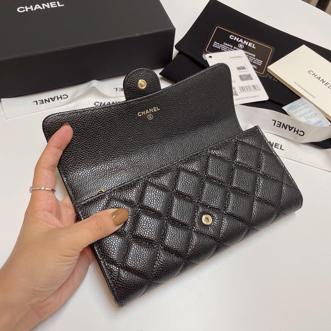 Chanel Bi-Fold Black Wallet Calf Skin High Grade