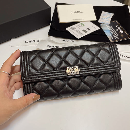 Chanel Bi-Fold Black Boy Wallet Lamb Skin Silver High Grade