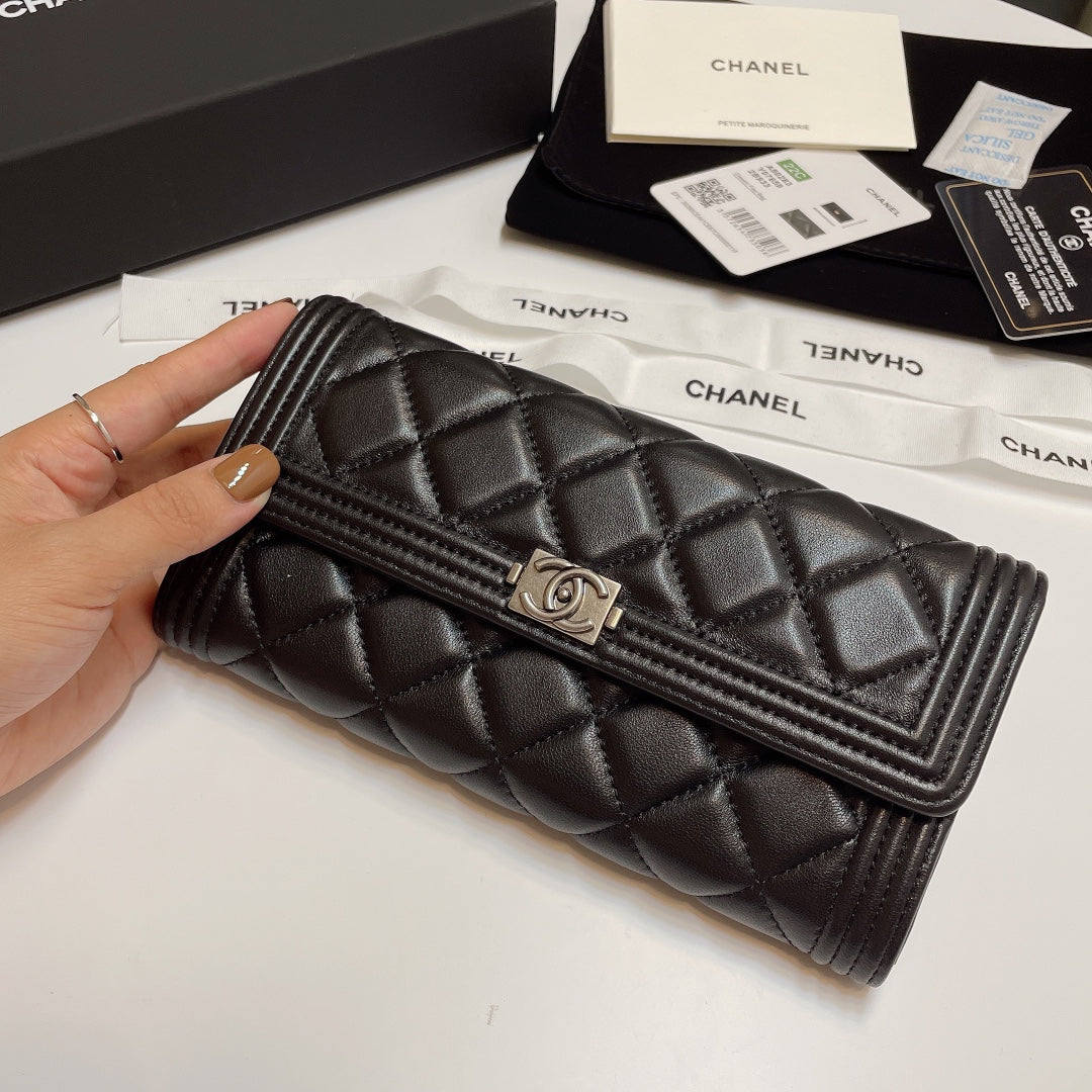 Chanel Bi-Fold Black Boy Wallet Lamb Skin Silver High Grade